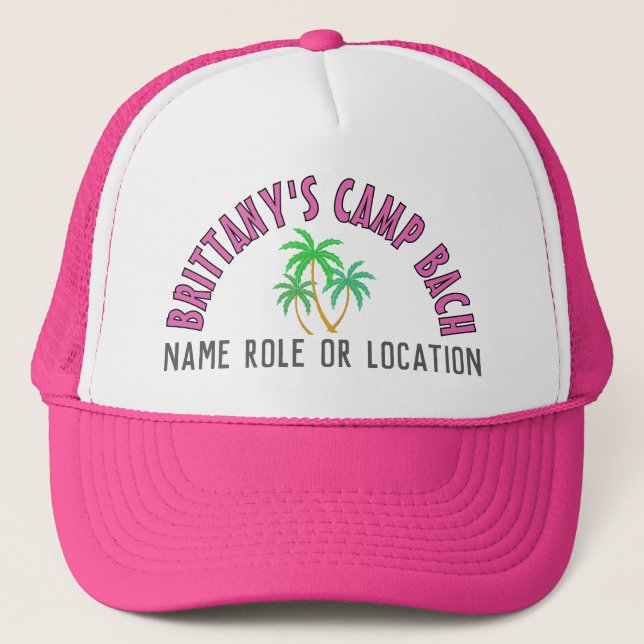 Personalized Tropical Camp Bach Palm Trees Pink  Trucker Hat (Front)