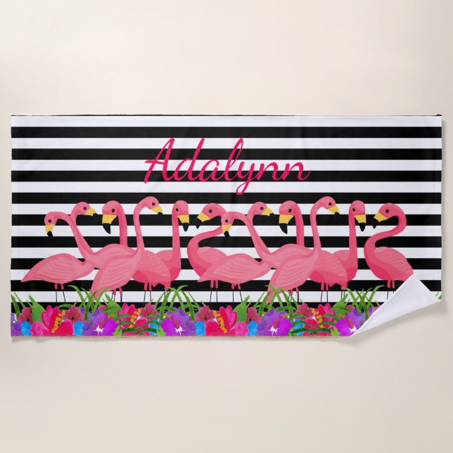 Personalized Tropical  Flamingo and Stripes Beach Towel (Front)