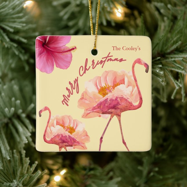 Personalized Tropical Flamingo Christmas Keepsake Ceramic Ornament (Tree)