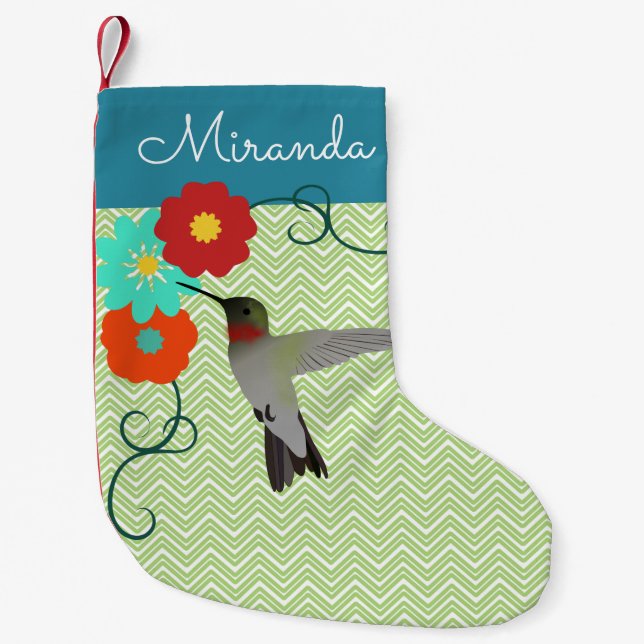 Personalized Tropical Floral Hummingbird Small Christmas Stocking (Front)
