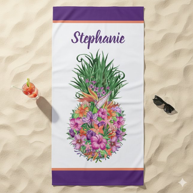 Personalized Tropical Floral Pineapple Watercolor Beach Towel (Personalized Tropical Floral Pineapple Watercolor Beach Towel)