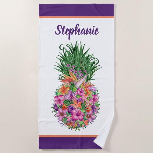 Personalized Tropical Floral Pineapple Watercolor Beach Towel