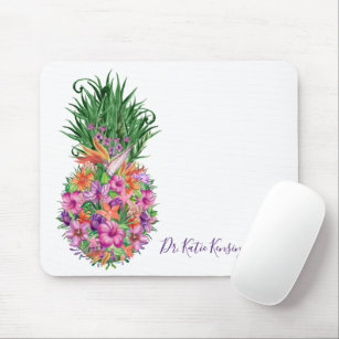 Personalized Tropical Floral Pineapple Watercolor Mouse Pad