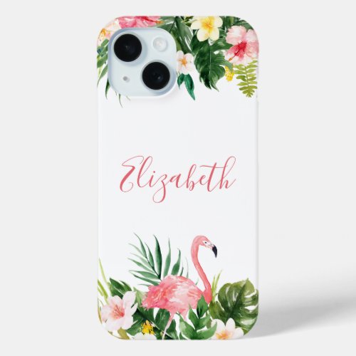 Personalized Tropical Floral Pink Flamingo iPhone 15 Case