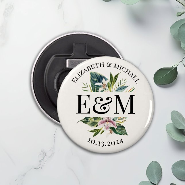 Personalized Tropical Floral Wedding Favor Button Bottle Opener (Creator Uploaded)