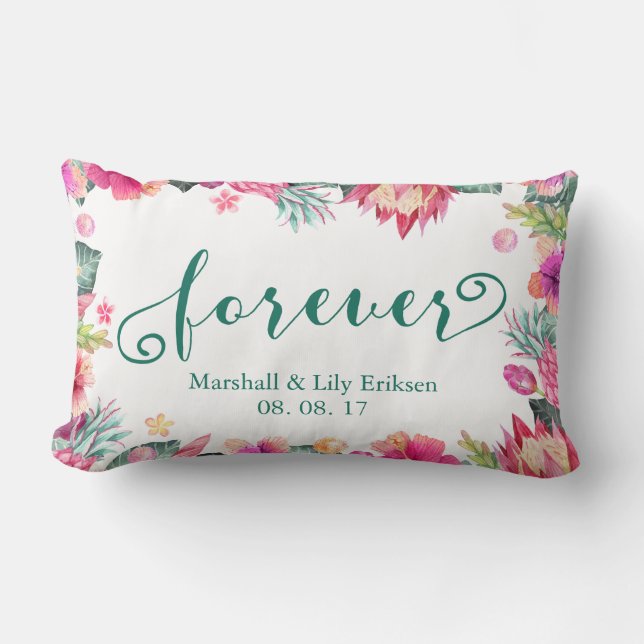 Personalized Tropical Floral Wedding Lumbar Pillow (Front)