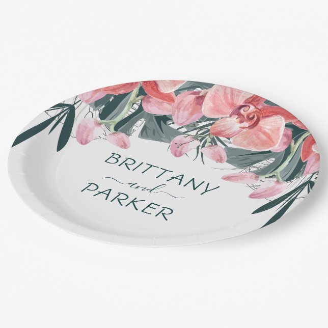 Personalized Tropical Floral Wedding Paper Plates (Angled)