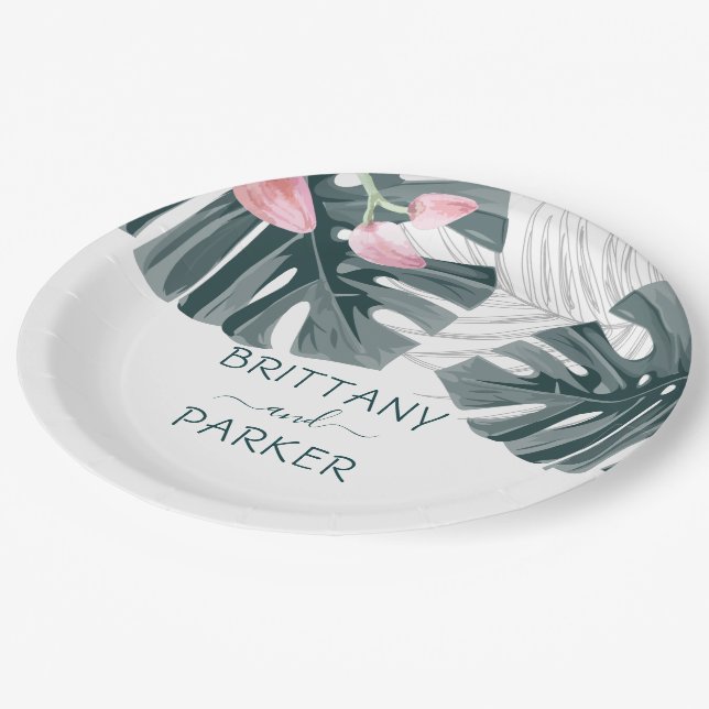 Personalized Tropical Floral Wedding Paper Plates (Angled)