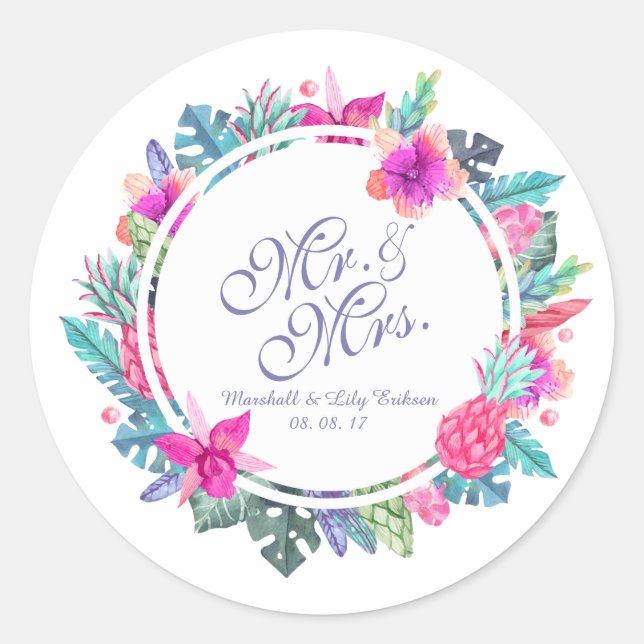 Personalized Tropical Floral Wedding Sticker Seal (Front)