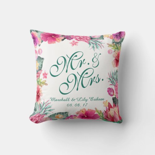 Personalized Tropical Floral Wedding Throw Pillow