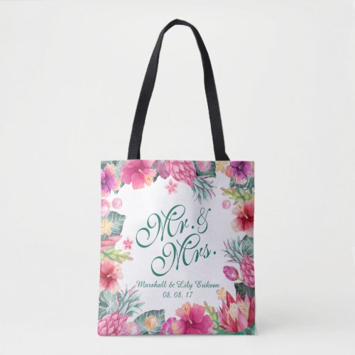 Personalized Tropical Floral Wedding Tote Bag