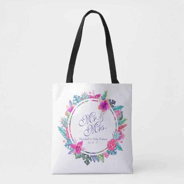 Personalized Tropical Floral Wedding Tote Bag (Front)