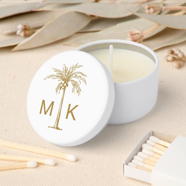 Personalized Tropical Gold Palm Tree Monogram Mini Candle Favors (Insitu)
