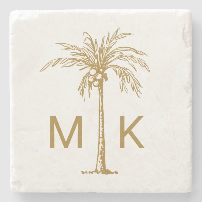 Personalized Tropical Gold Palm Tree Monogram Stone Coaster (Front)