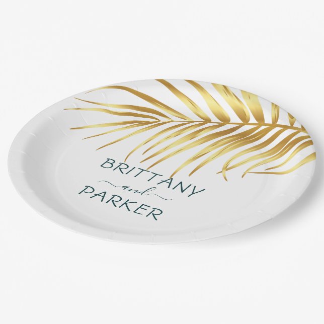 Personalized Tropical Gold Wedding Paper Plates (Angled)