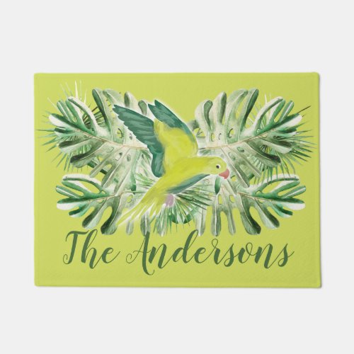 Personalized Tropical Green Parrot Lime Green Doormat