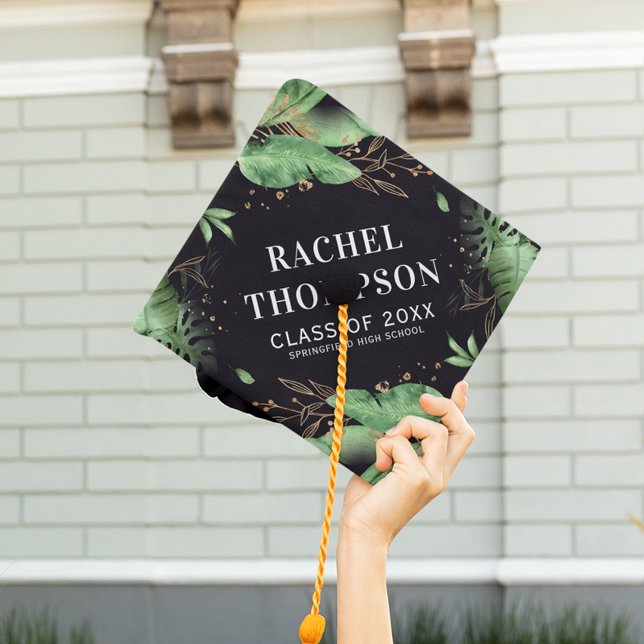 Personalized Tropical Greenery & Gold Graduate Graduation Cap Topper (Creator Uploaded)