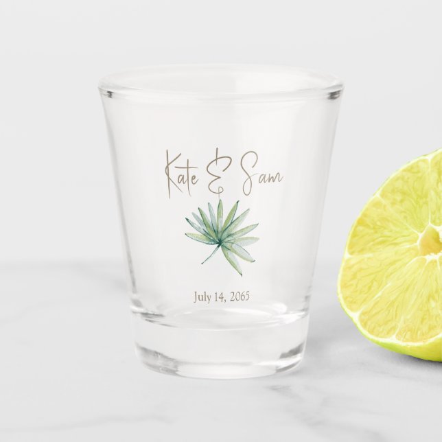 Personalized Tropical Greenery Wedding Favor Shot Glass (Front)