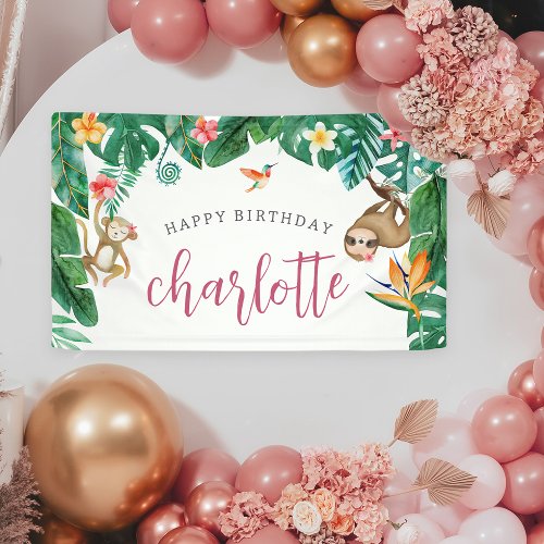 Personalized Tropical Jungle Kids Birthday Party Banner