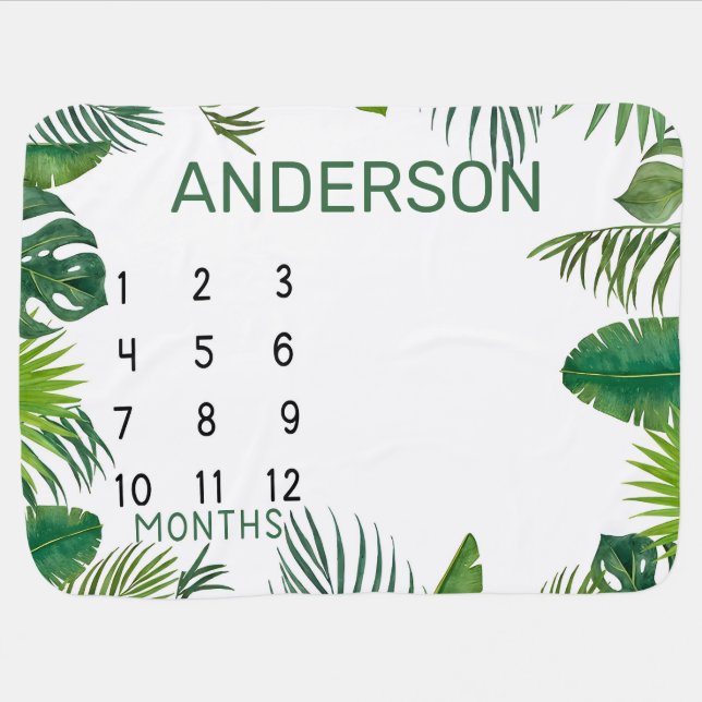 Personalized Tropical Leaves Monthly Milestone  Baby Blanket (Horizontal)