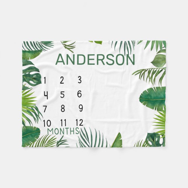 Personalized Tropical Leaves Monthly Milestone  Fleece Blanket (Front (Horizontal))