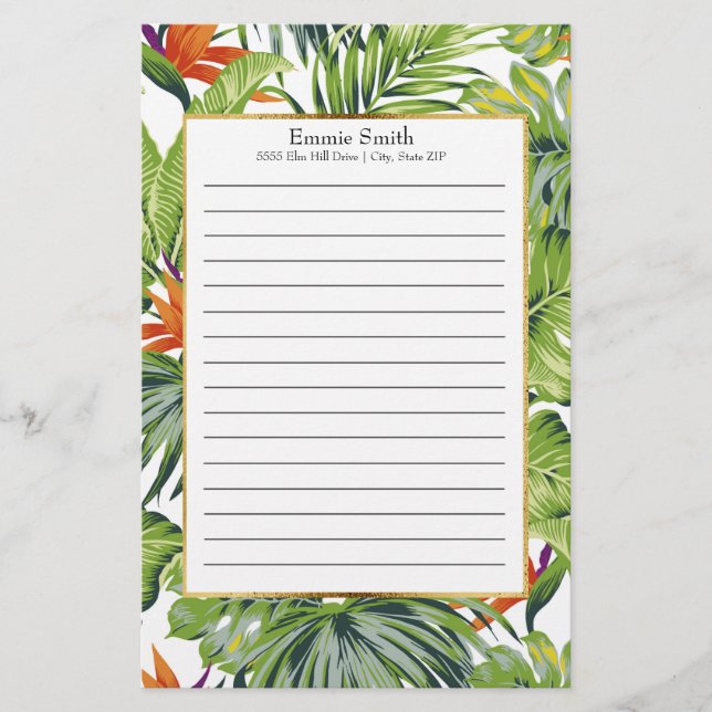 Personalized Tropical Leaves Orange Flowers Stationery (Front)