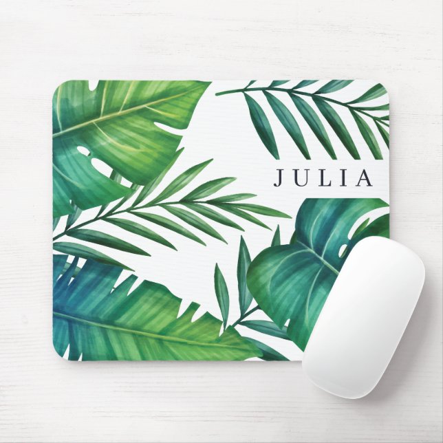 Personalized Tropical Leaves Watercolor Mouse Pad (With Mouse)