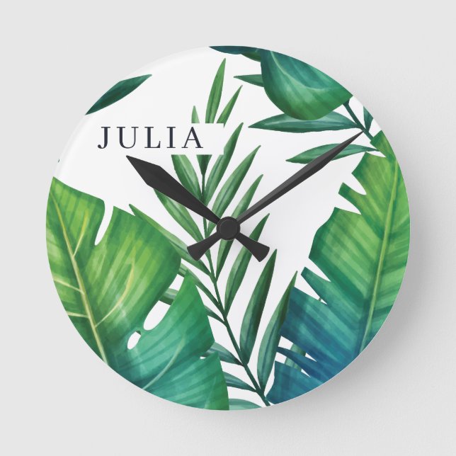 Personalized Tropical Leaves Watercolor Round Clock (Front)