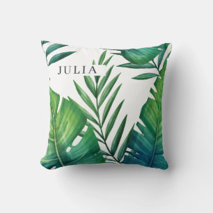Personalized Tropical Leaves Watercolor Throw Pillow