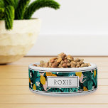 Personalized Tropical Lemon Blossom Pattern Pet<br><div class="desc">For the most stylish pets,  this cute personalized tropical motif bowl for dogs or cats features a pattern of yellow lemon citrus fruits,  white lemon blossoms,  and green monstera leaves on a black background accented with narrow black stripes at the top and bottom. Personalize with your pet's name.</div>