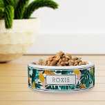 Personalized Tropical Lemon Blossom Pattern Pet Bowl<br><div class="desc">For the most stylish pets,  this cute personalized tropical motif bowl for dogs or cats features a pattern of yellow lemon citrus fruits,  white lemon blossoms,  and green monstera leaves on a crisp white background accented with narrow black stripes at the top and bottom. Personalize with your pet's name.</div>