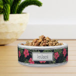 Personalized Tropical Magenta Hibiscus Pattern Pet Bowl<br><div class="desc">For the pets with the most aloha,  this cute Hawaiian inspired dog or cat bowl features a pattern of bright magenta pink hibiscus flowers and lush green foliage on a navy blue background. Personalize with your pet's name.</div>