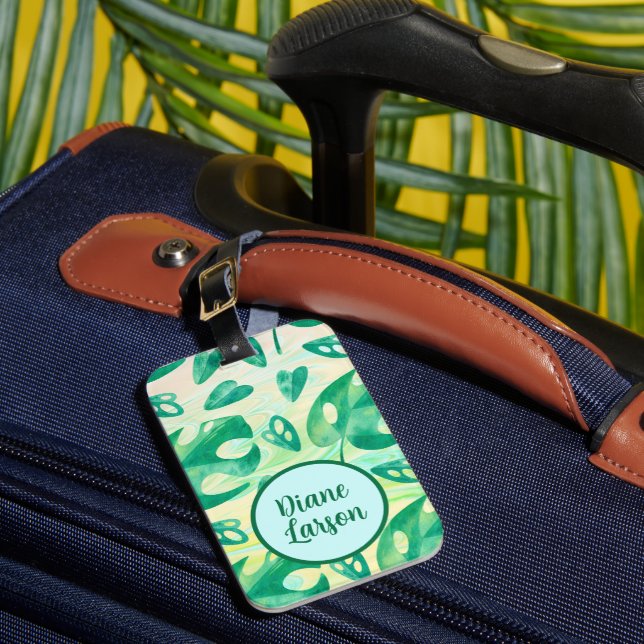 Personalized Tropical Monstera Leaf Green Luxury  Luggage Tag (Front Insitu 1)