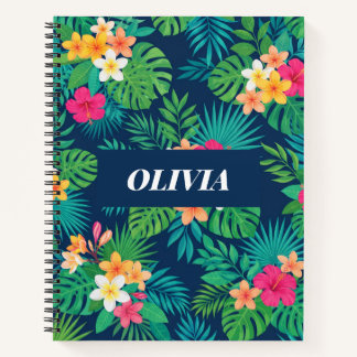 Personalized Tropical Navy Plumeria Spiral Notebook