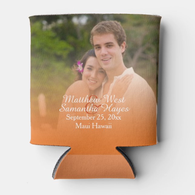 Personalized Tropical Orange Beach Wedding Photo Can Cooler (Front)