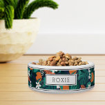 Personalized Tropical Orange Blossom Pattern Pet<br><div class="desc">For the most stylish pets,  this cute personalized tropical motif bowl for dogs or cats features a pattern of orange citrus fruits,  white orange blossoms,  and green monstera leaves on a navy blue background accented with top and bottom stripes. Personalize with your pet's name.</div>