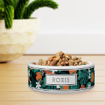 Personalized Tropical Orange Blossom Pattern Pet Bowl<br><div class="desc">For the most stylish pets,  this cute personalized tropical motif bowl for dogs or cats features a pattern of orange citrus fruits,  white orange blossoms,  and green monstera leaves on a black background accented with top and bottom stripes. Personalize with your pet's name.</div>