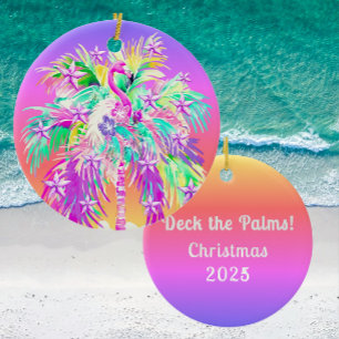 Personalized Tropical Palm Tree Flamingo Christmas Ceramic Ornament