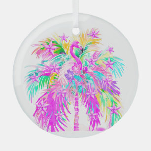 Personalized Tropical Palm Tree Flamngo Christmas Glass Ornament