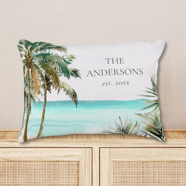 Personalized Tropical Palm Tree Leaves Blue Beach Accent Pillow (In situ)