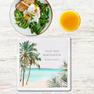 Personalized Tropical Palm Tree Leaves Blue Beach Acrylic Tray