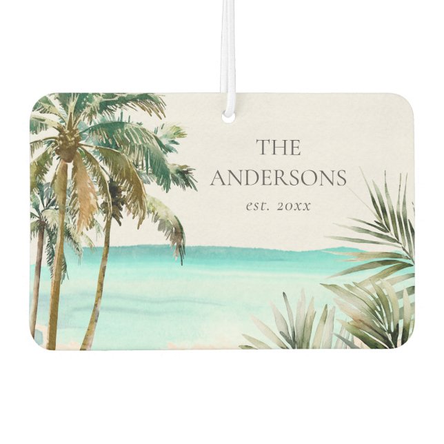 Personalized Tropical Palm Tree Leaves Blue Beach Air Freshener (Front)