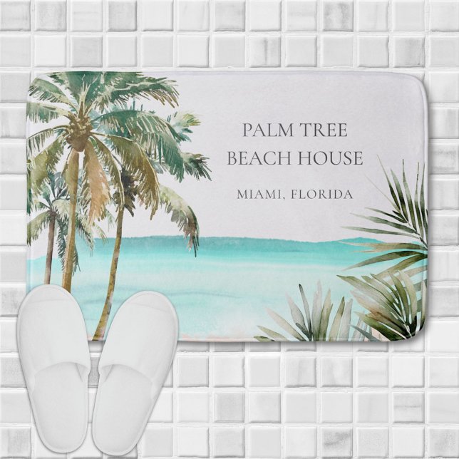 Personalized Tropical Palm Tree Leaves Blue Beach Bath Mat (In situ)
