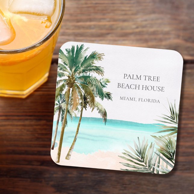 Personalized Tropical Palm Tree Leaves Blue Beach Beverage Coaster (Creator Uploaded)
