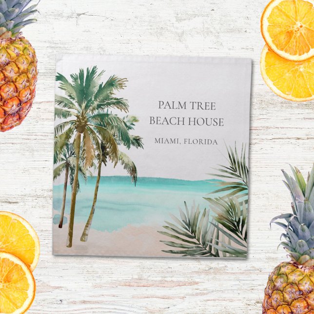 Personalized Tropical Palm Tree Leaves Blue Beach Cloth Napkin (In situ)