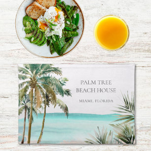 Personalized Tropical Palm Tree Leaves Blue Beach Cloth Placemat