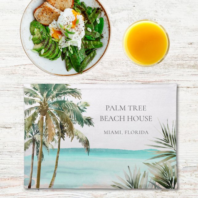 Personalized Tropical Palm Tree Leaves Blue Beach Cloth Placemat (In situ)