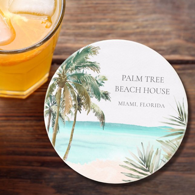 Personalized Tropical Palm Tree Leaves Blue Beach Coaster (In situ)
