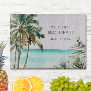 Personalized Tropical Palm Tree Leaves Blue Beach Cutting Board
