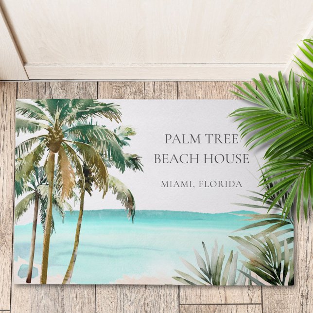 Personalized Tropical Palm Tree Leaves Blue Beach Doormat (In situ)